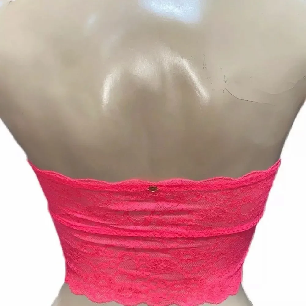 Victorias Secret Pink Bling Stones Strapless Ruched Lace Bralette bra neon coral